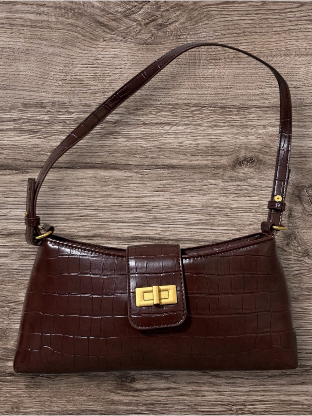 Primark Dark Brown Croc-Embossed Shoulder Bag with Gold Hardware